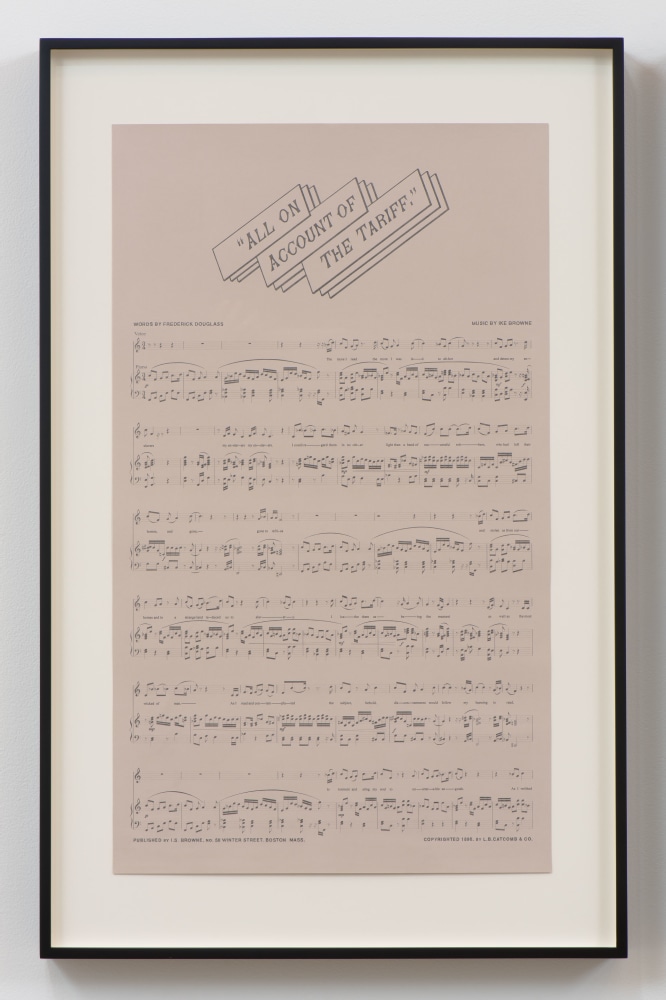 Charles Gaines Sound Text #1: All on Account of the Tariff, (detail), 2015 graphite on printed paper, single channel video, monitor 2 drawings each: 35 x 21 in. (88.9 x 53.3 cm) frame: each: 44 x 28 x 1 1/2 in. (111.8 x 71.1 x 3.8 cm) monitor: 44 x 27 1/2 x 3 in. (111.8 x 69.9 x 7.6 cm) overall: 44 x 92 in. (111.8 x 233.7 cm)