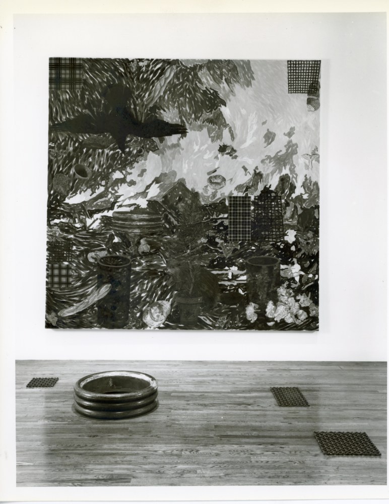 Jennifer Bartlett &quot;Beaver: Man Carrying Thing&quot; 1989 Painting: Oil on canvas 108&quot; x 108&quot; Grids: Welded and rolled steel 5/8&quot; x 9 1/2&quot; x 17 1/2&quot; Rings: Welded and rolled steel stacked 7&quot; x 26&quot; diameter