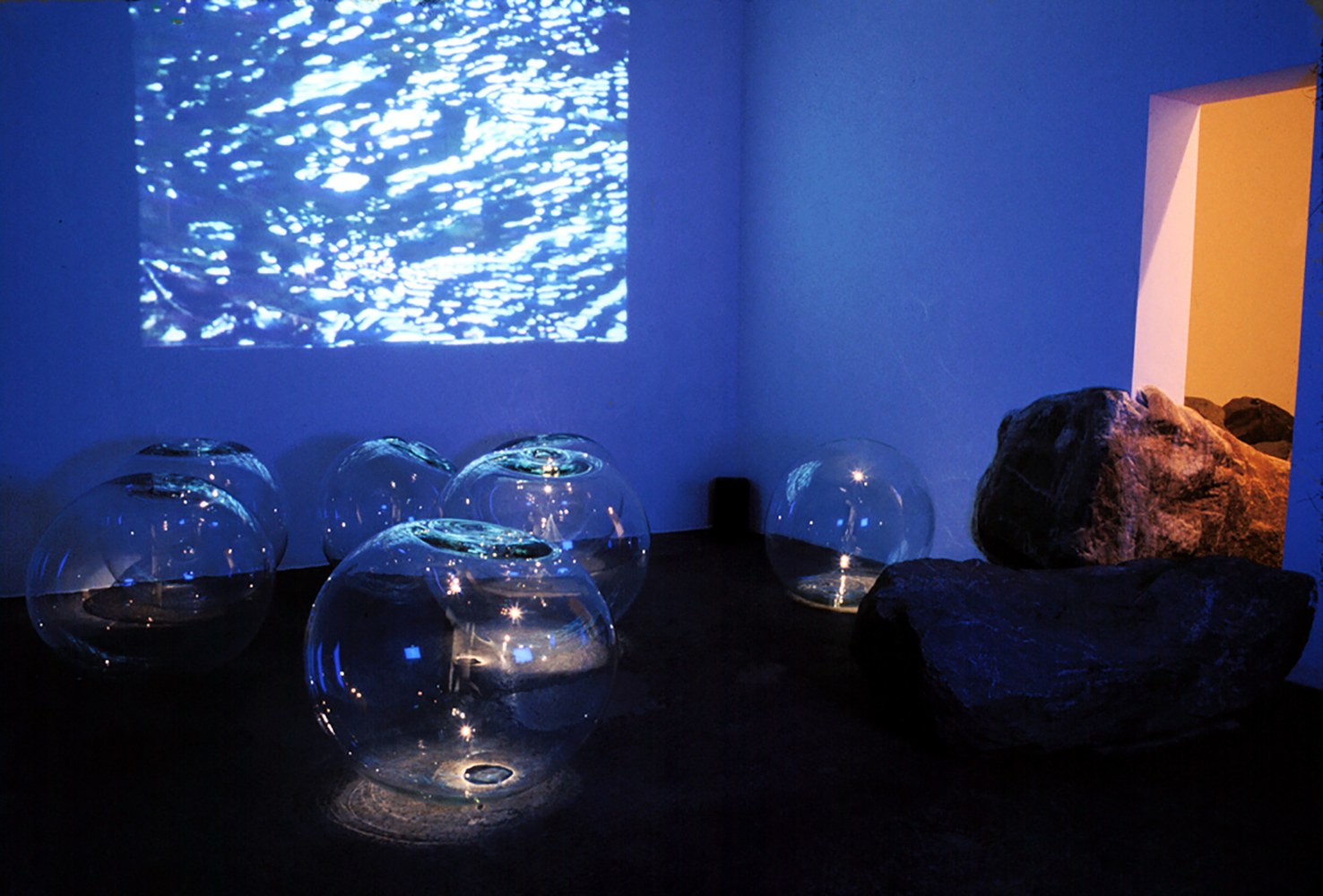Meg Webster Largest Blown Sphere, 1987 five glass spheres each: 36 x 36 x 36 in. (91.4 x 91.4 x 91.4 cm) Installation view: "Blue Sky," Morris-Healy Gallery, New York, NY, June 2 – June 21, 1997