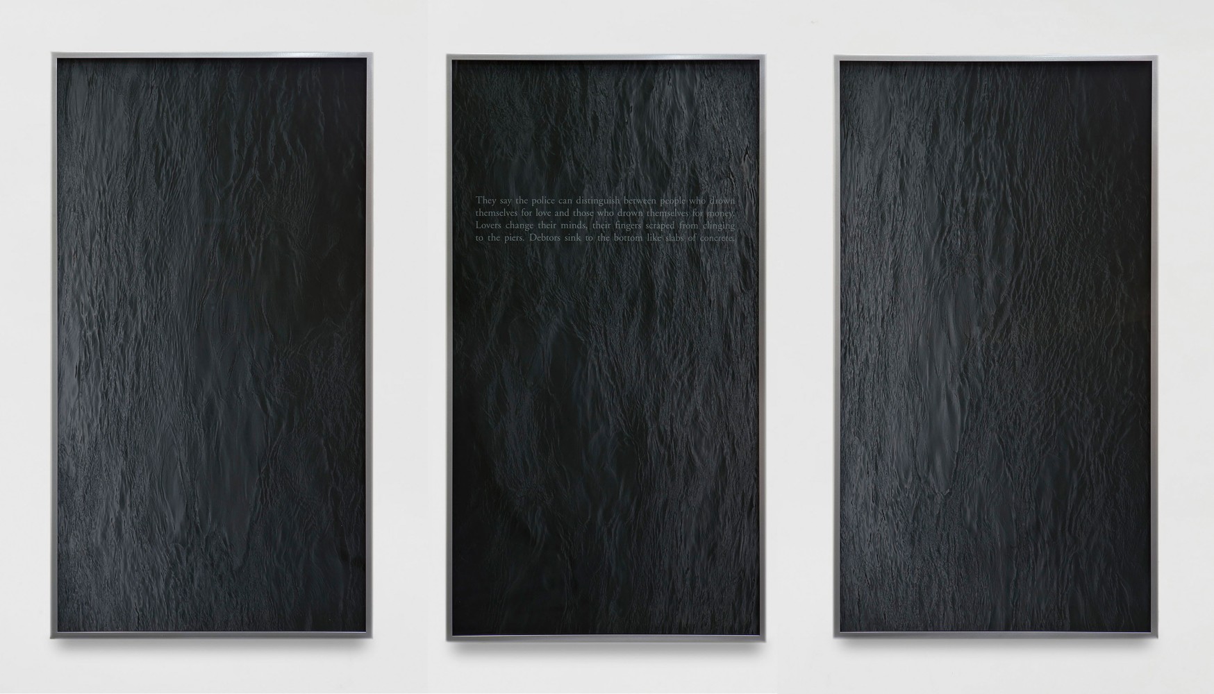 Sophie Calle Suicide, 2014 Three black and white framed color ink jet prints, with text, one frame with sandblasted glass  framed each: 44 1/8 x 24 1/2 x 1 3/4 in. (112.1 x 62.2 x 4.4 cm) overall: 44 1/8 x 78 x 1 3/4 in. (112.1 x 198.1 x 4.4 cm) Edition 3 of 3, 1 AP English version