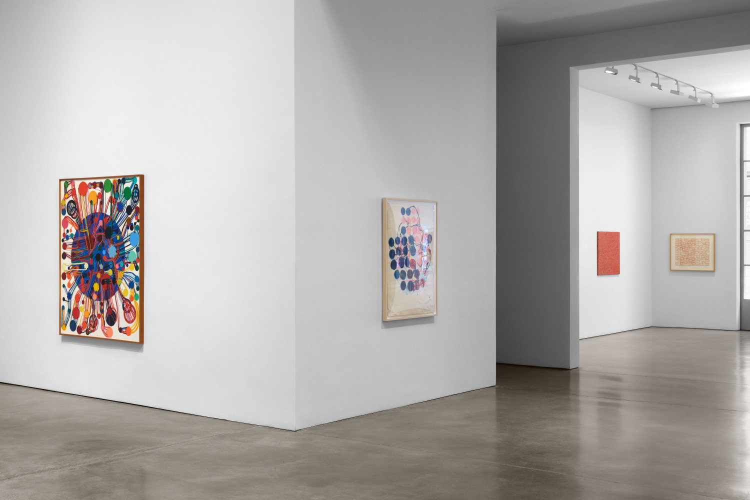 Installation view, Atsuko Tanaka, Yayoi Kusama, Paula Cooper Gallery, New York, May 8 - June 14, 2025. Courtesy Paula Cooper Gallery, New York, Photo: Steven Probert.