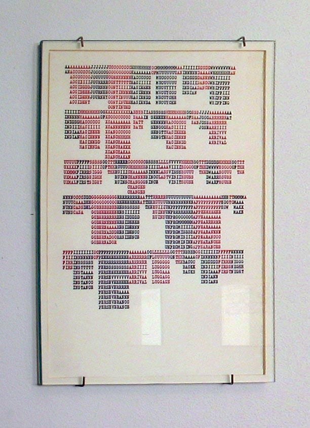 Carl Andre &quot;AAAAAAAAJJJJJJJHHHHHHHHO OMMMMMMMMAAIIIIIIDDDDDW WWWWWWWAA YUCATAN&quot; 1972 Color photocopy on typewriter paper 11 x 8 in.
