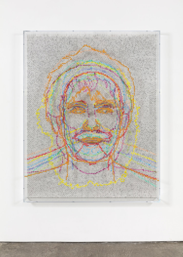 Charles Gaines Faces 1: Identity Politics, #9, Luce Irigaray, 2018 acrylic sheet, acrylic paint, lacquer, wood 74 x 59 1/8 x 5 3/4 in. (188 x 150.2 x 14.6 cm)