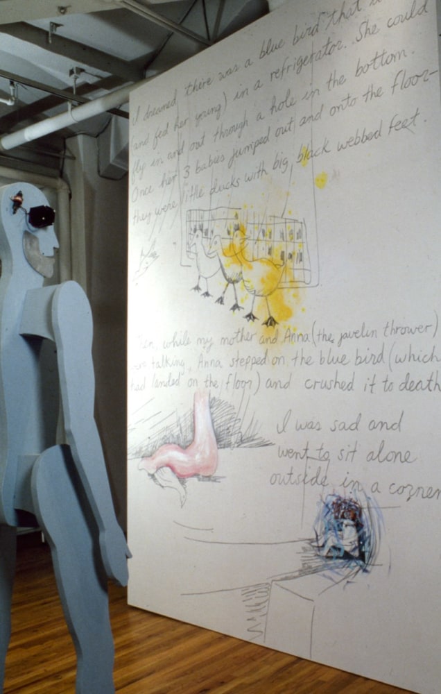 Jonathan Borofsky &quot;2,841,789 Duck Dream with Chattering Man&quot; 1978-83 Acrylic on canvas 137&quot; x 99 1/4&quot; Man: Aluminum, wood primer, bondo, electric motor, speaker 82 1/2&quot; x 23&quot; x 13&quot;