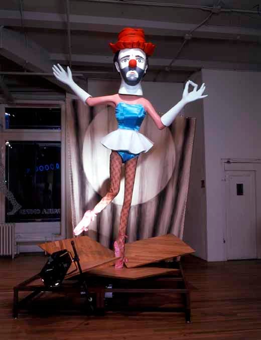 Jonathan Borofsky &quot;1,845,325 the Dancing Clown&quot; 1982-83 Acrylicon urethane foam, fibreglass; acrylic on canvas, metal snaps; spotlight; wood; steel; fabric; acrylic on styrofoam, monofilament; motors; cassette player with tape loop, speakers 11' height