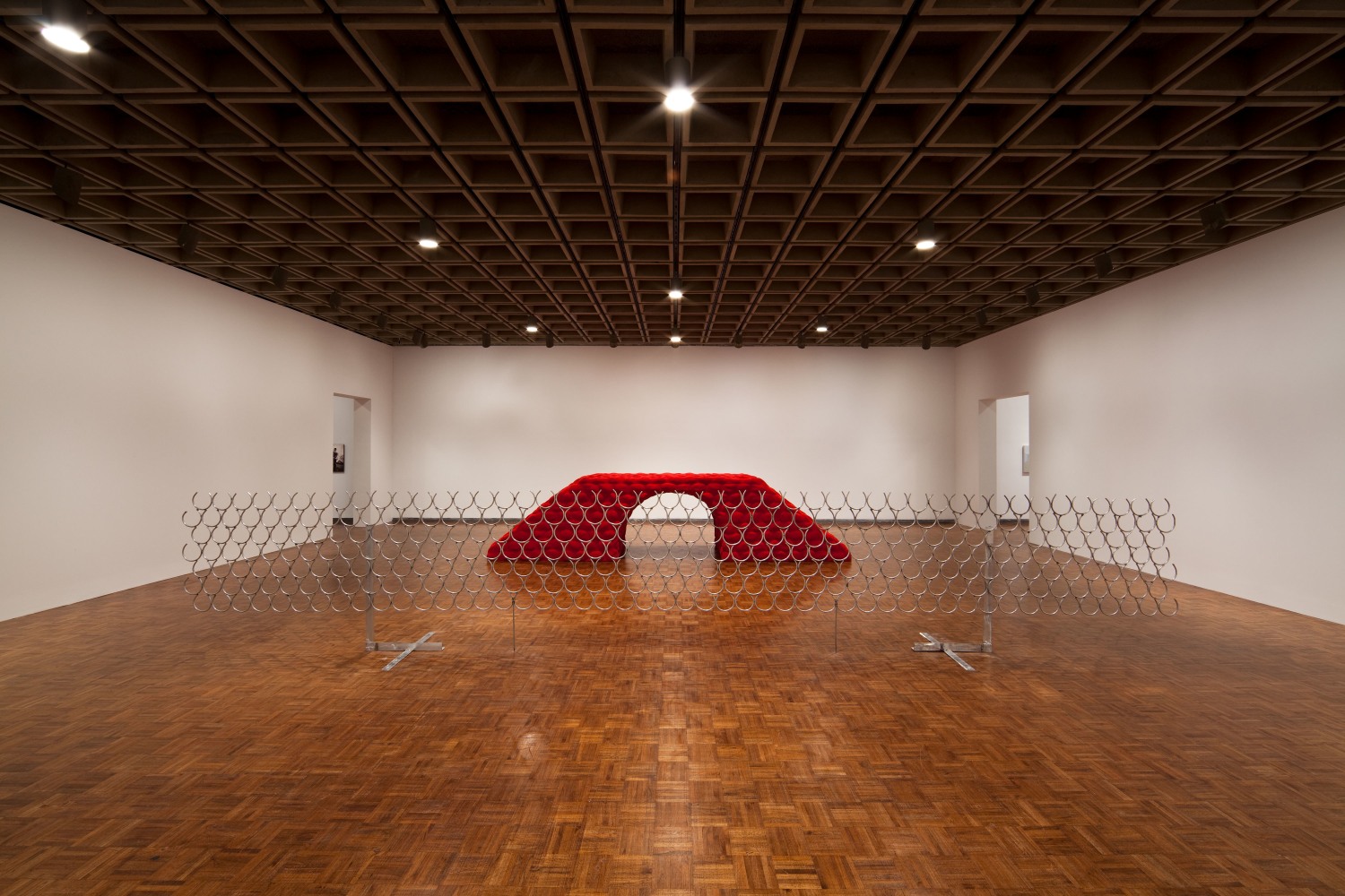 Robert Grosvenor Untitled, 2009 fiberglass, flocking and aluminum composed of two units: red unit: 48 x 48 x 192 in. (121.9 x 121.9 x 487.7 cm), aluminum unit: 48 x 312 x 1/2 in. (121.9 x 792.5 x 1.3 cm)