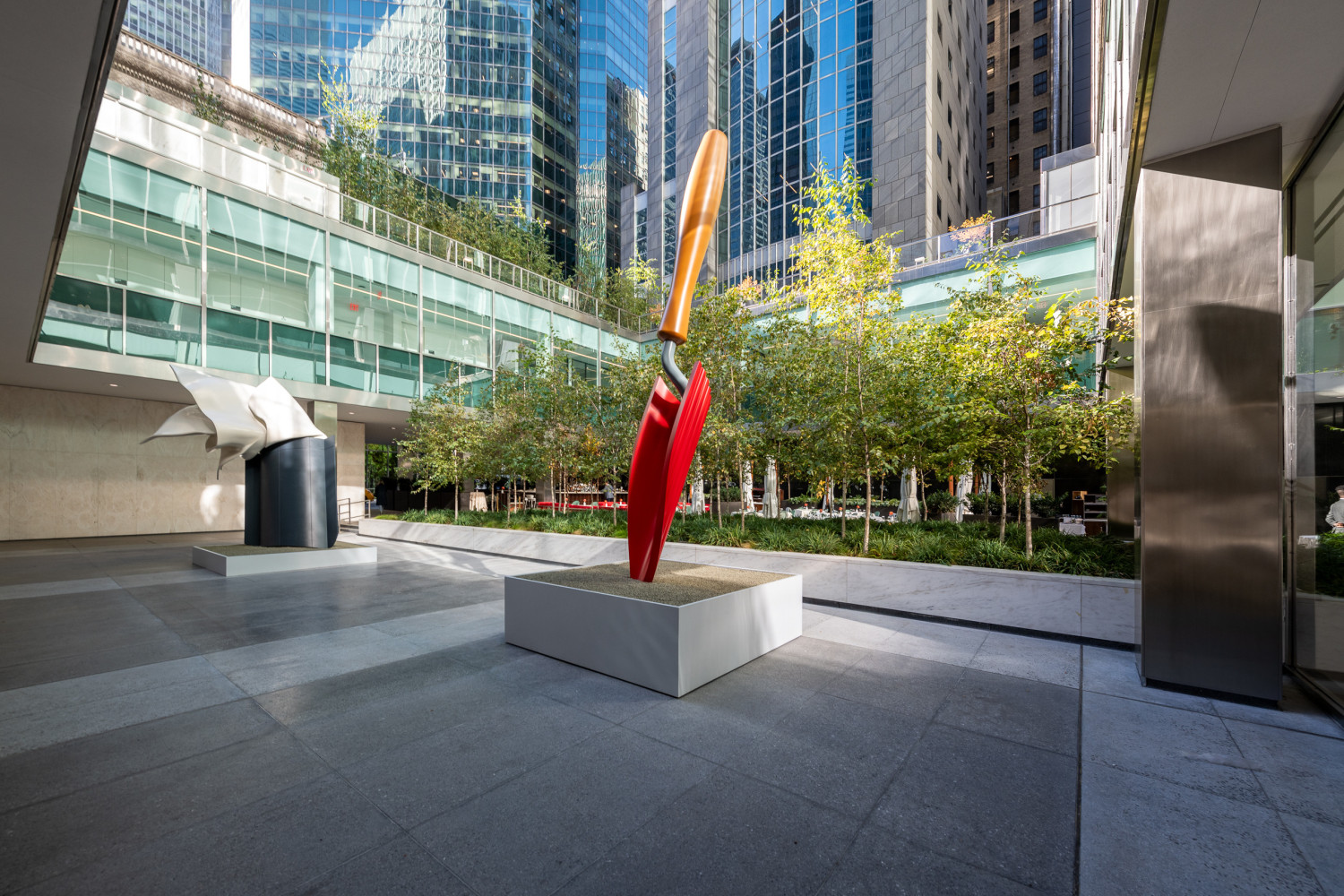 Installation view of Claes Oldenburg & Coosje van Bruggen at Lever House. © Claes Oldenburg and Coosje van Bruggen. Courtesy of the Estate of Claes Oldenburg & Coosje van Bruggen and Paula Cooper Gallery, New York. Photo credit: Timothy Schenck