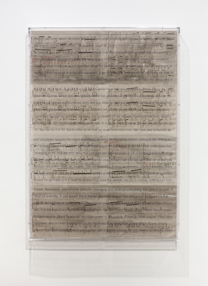 Charles Gaines Librettos: Manuel de Falla/Stokely Carmichael, #15, 2016 Printed ink stained paper and lightjet on acrylic 66 x 47 x 3 1/2 in. (167.6 x 119.4 x 8.9 cm)