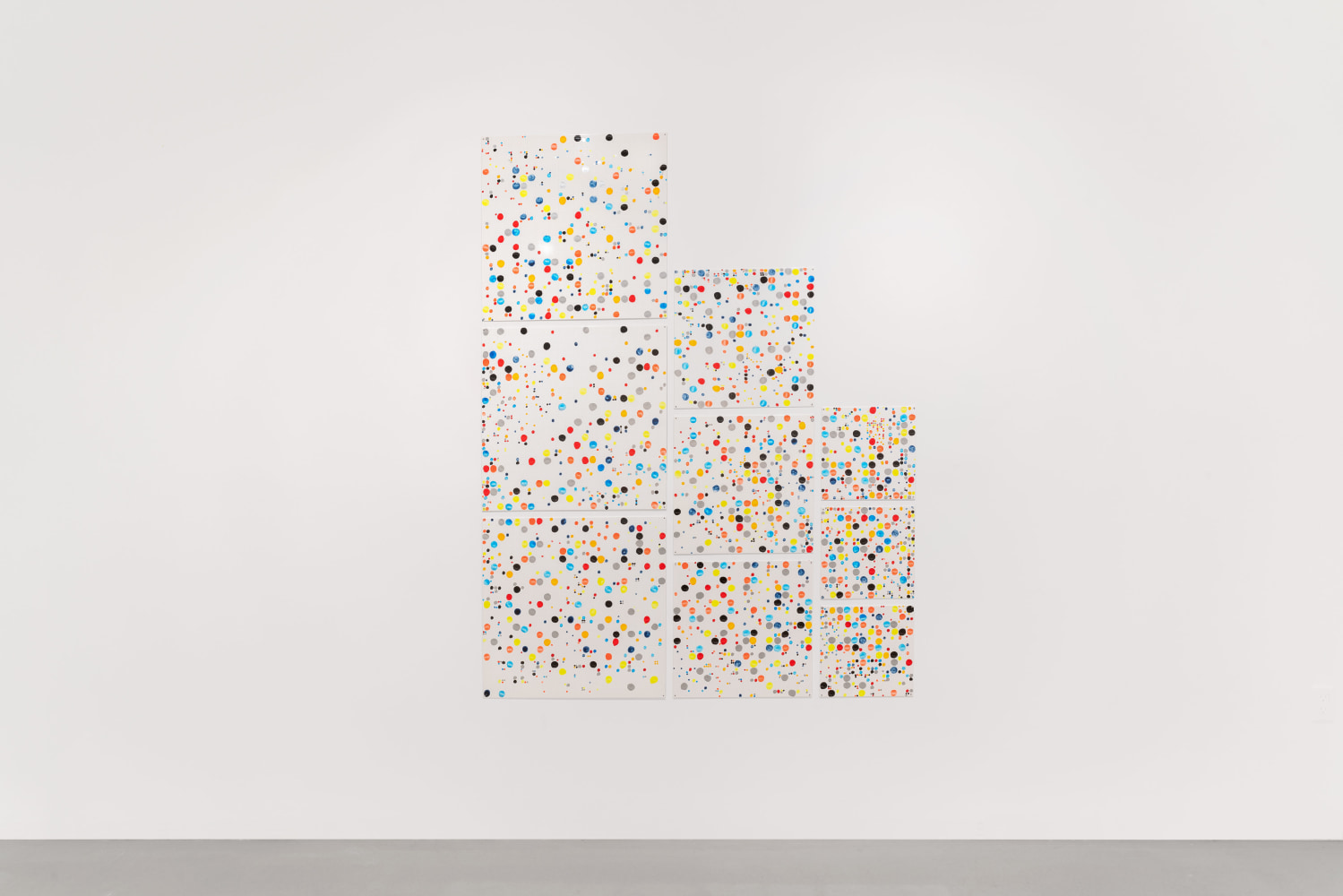 Jennifer Bartlett Large Medium Small Dots, 2011 enamel over silkscreen grid on baked enamel, steel plates 75 x 57 in. (190.5 x 144.8 cm)