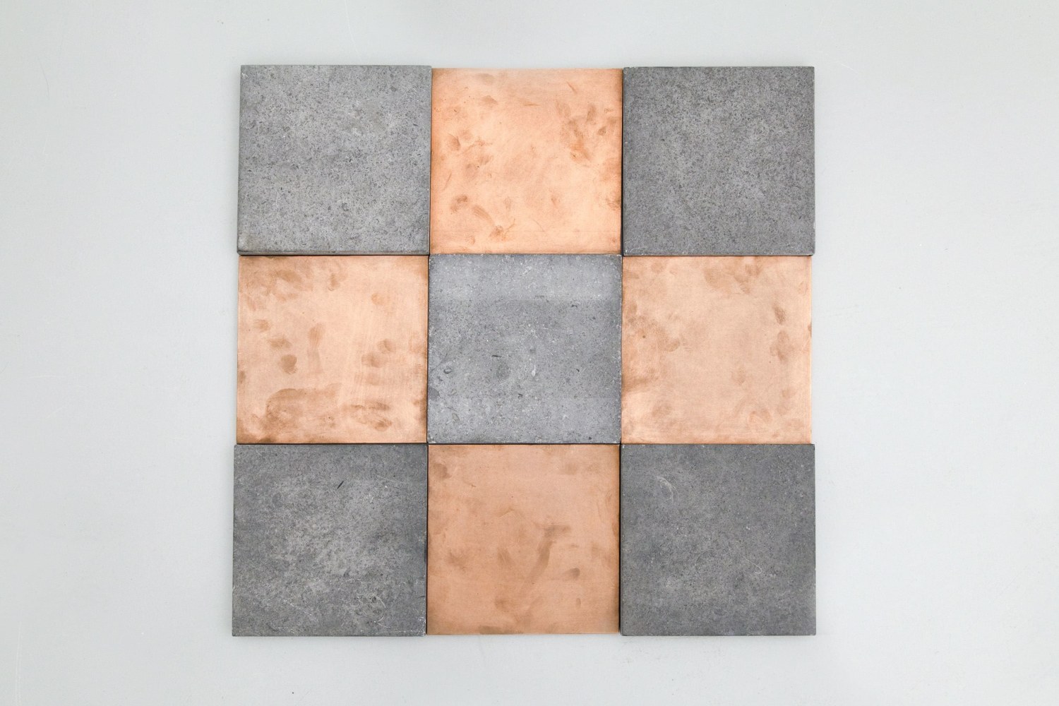 Carl Andre &quot;Copper Blue Odd Niner&quot; 1990 Copper and limestone overall: 7/8 x 23 3/4 x 23 3/4 in