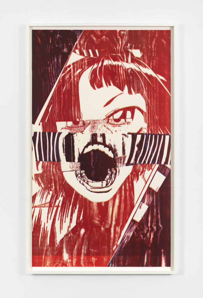Christian Marclay
Scream (Shaking Red), 2019
color woodcut on Saunders Waterford 190 gsm hot press paper
image: 90 x 47 7/8 in. (228.5 x 121.5 cm)
frame: 85 1/2 x 51 3/4 x 2 1/2 in. (217.2 x 131.4 x 6.4 cm)