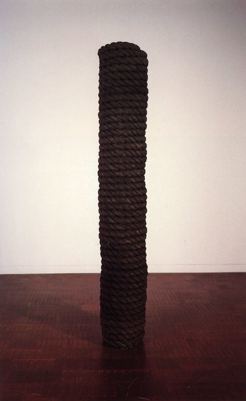 Jackie Winsor "Dark Vertical Cylinder" 1969 Rope, galvanized tin, and wire 85 x 12 in.