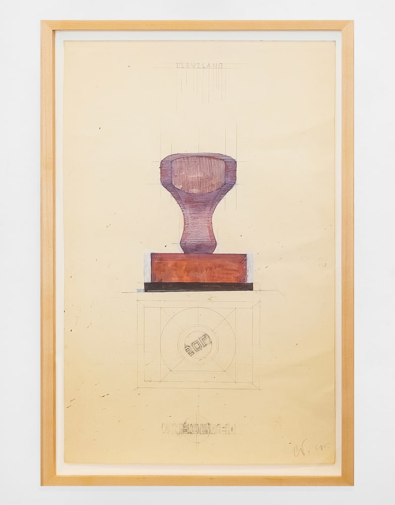 Claes Oldenburg &amp;amp; Coosje van Bruggen
Study for a Sculpture in the Form of a Stamp, for Cleveland, Ohio - &amp;quot;UNSOLVED&amp;quot;, c. 1983
pencil and watercolor on paper
23 1/2 x 15 in. (59.7 x 38.1 cm)
frame: 25 3/4 x 17 1/4 x 1 1/2 in. (65.4 x 43.8 x 3.8 cm)
signed lower right corner, recto: &amp;quot;CO, Cos&amp;quot;
&amp;copy; Claes Oldenburg and Coosje van Bruggen

클래스 올덴버그 &amp;amp; 코셰 반 브루겐
Study for a Sculpture in the Form of a Stamp, for Cleveland, Ohio - &amp;quot;UNSOLVED&amp;quot;, c. 1983
종이에 연필과 수채화
23 1/2 x 15인치(59.7 x 38.1cm)
프레임: 25 3/4 x 17 1/4 x 1 1/2인치(65.4 x 43.8 x 3.8cm)
signed lower right corner, recto: &amp;quot;CO, Cos&amp;quot;
&amp;copy; Claes Oldenburg and Coosje van Bruggen