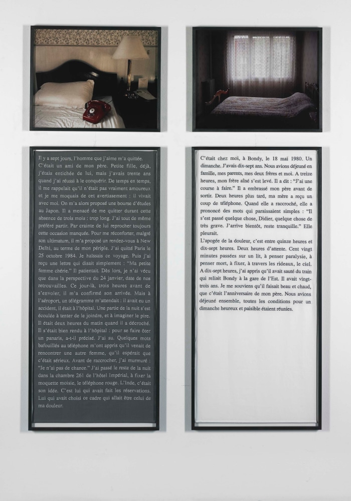 Sophie Calle "Exquisite Pain (Day 7)" 2000 2 embroidery text panels, 2 photo panels text: 51 1/8 x 23 5/8 in. photo" 18 7/8 x 23 7/8 in.