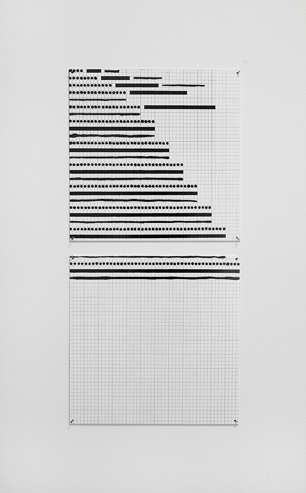 Jennifer Bartlett "1" - 12" Dotted, Ruled, Freehand Lines" 1975 Enamel over silkscreen grid on baked enamel, 2 steel plates overall: 25 x 12 in.