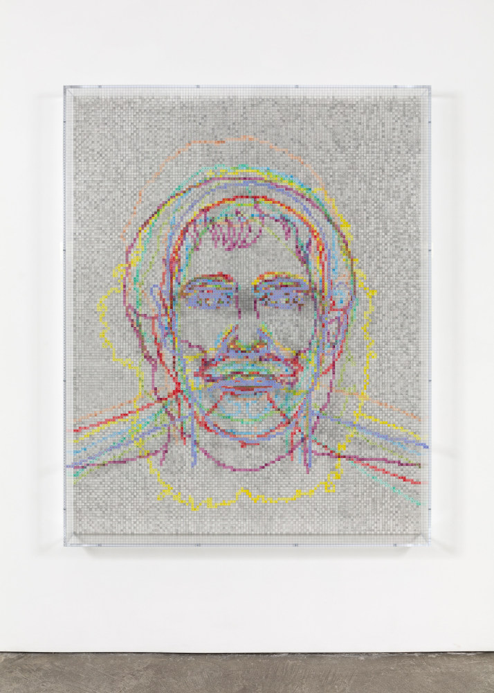 Charles Gaines Faces 1: Identity Politics, #8, Michel Foucault, 2018 acrylic sheet, acrylic paint, lacquer, wood 74 x 59 1/8 x 5 3/4 in. (188 x 150.2 x 14.6 cm)