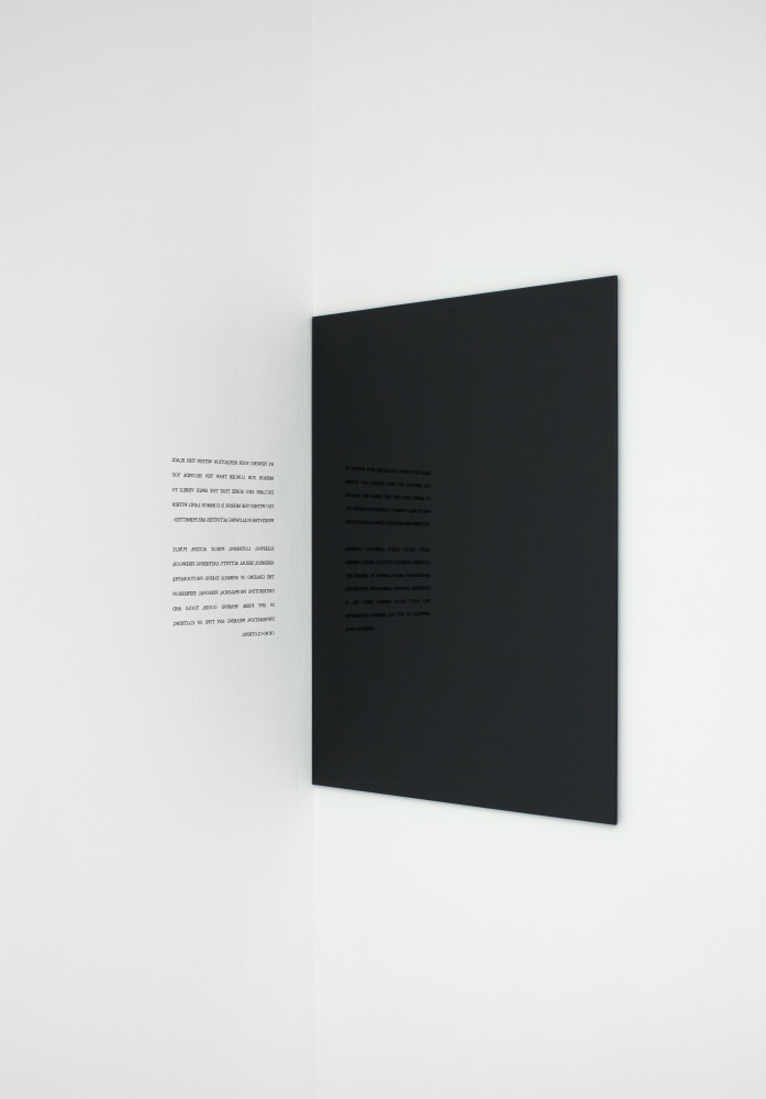 Carey Young Obsidian Contract, 2010 vinyl text and black mirror mirror: 27 1/2 x 21 1/2 in. (69.9 x 54.6 cm) text: 9 3/4 x 7 1/2 in. (24.8 x 19.1 cm) distance from text to wall: 3 in. (7.5 cm) Edition of 3, 1 AP