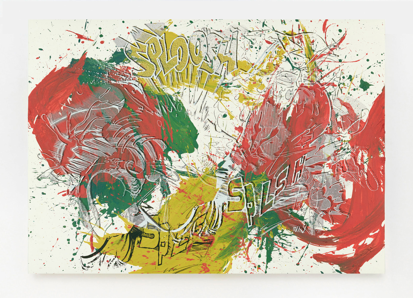 Christian Marclay Actions: Sploosh Splsh Splsh (No. 1), 2013 acrylic paint and silkscreen ink on Saunders Waterford White paper 38 3/4 x 53 x 2 in. (98.4 x 134.6 x 5.1 cm) frame: 34 3/4 x 51 3/4 x 1 7/8 in. (88.3 x 131.4 x 4.8 cm)