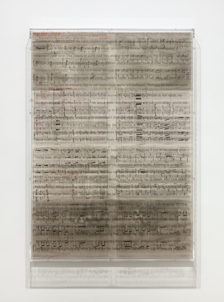 Charles Gaines Librettos: Manuel de Falla/Stokely Carmichael, #14, 2016 Printed ink stained paper and lightjet on acrylic 66 x 47 x 3 1/2 in. (167.6 x 119.4 x 8.9 cm