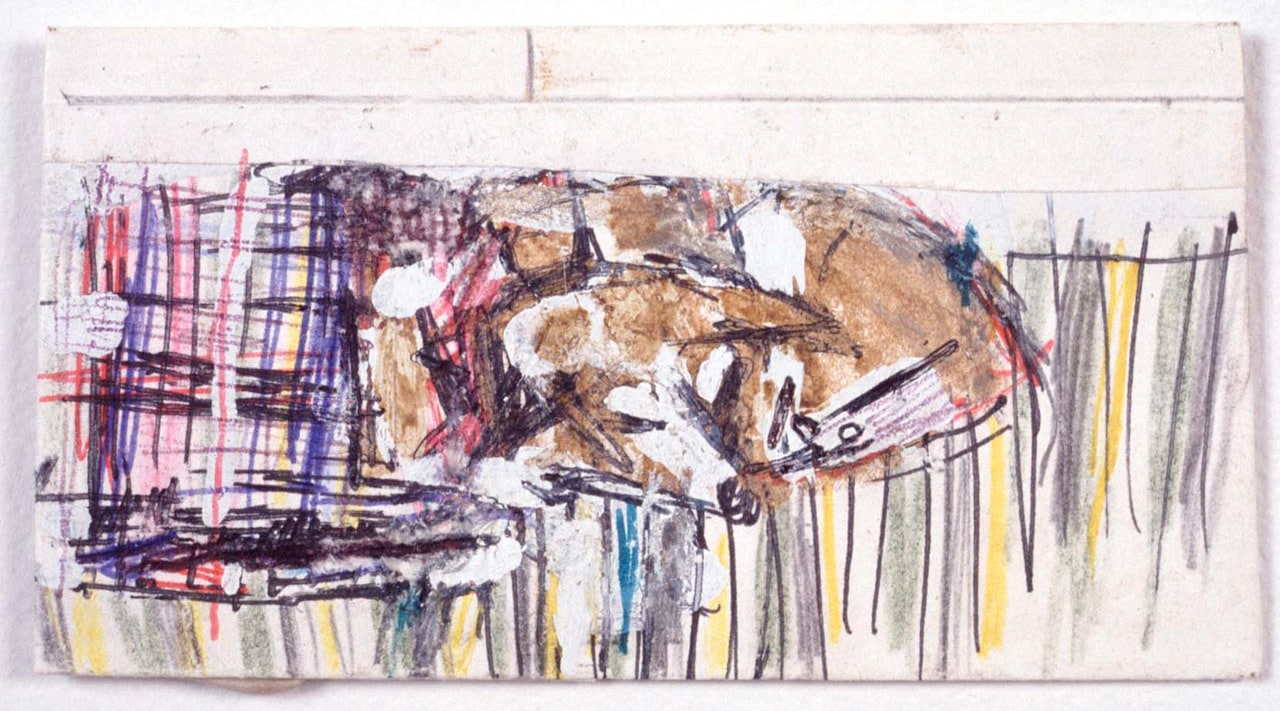 Michael Hurson "Lucy (portrait of my dog napping on the bed in Villa St. Marco)" 2001 Graphite, color pencil, ink and White-out on paper 2 x 3 3/4 in.