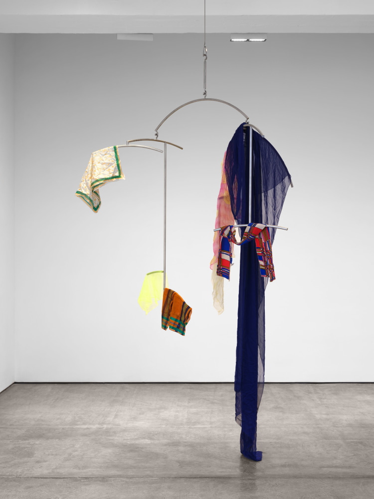 Eric N. Mack 
Satin and fluid evening dresses, 2023
assorted fabric, steel
overall: 117 x 78 x 55 in. (297.2 x 198.1 x 139.7 cm)