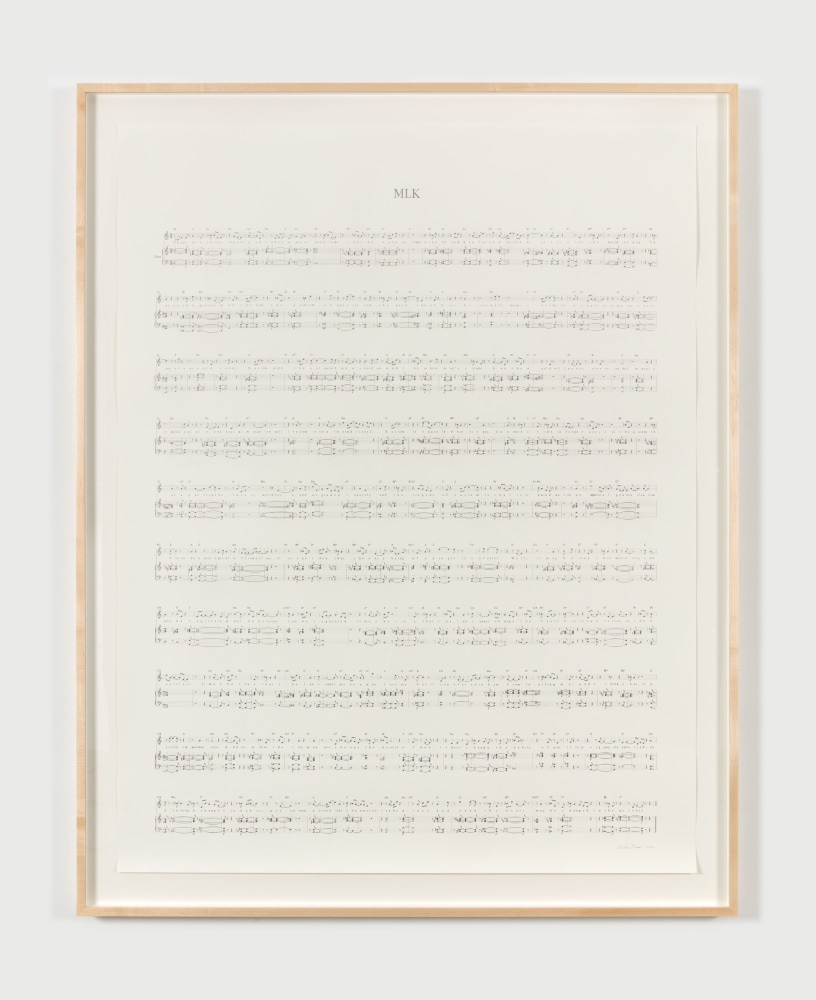 Charles Gaines Manifestos 3, (detail), 2018 video (black and white and color, sound), two graphite drawings on paper, one monitor, one pedestal, two speakers, hanging speaker shelves overall dimensions variable