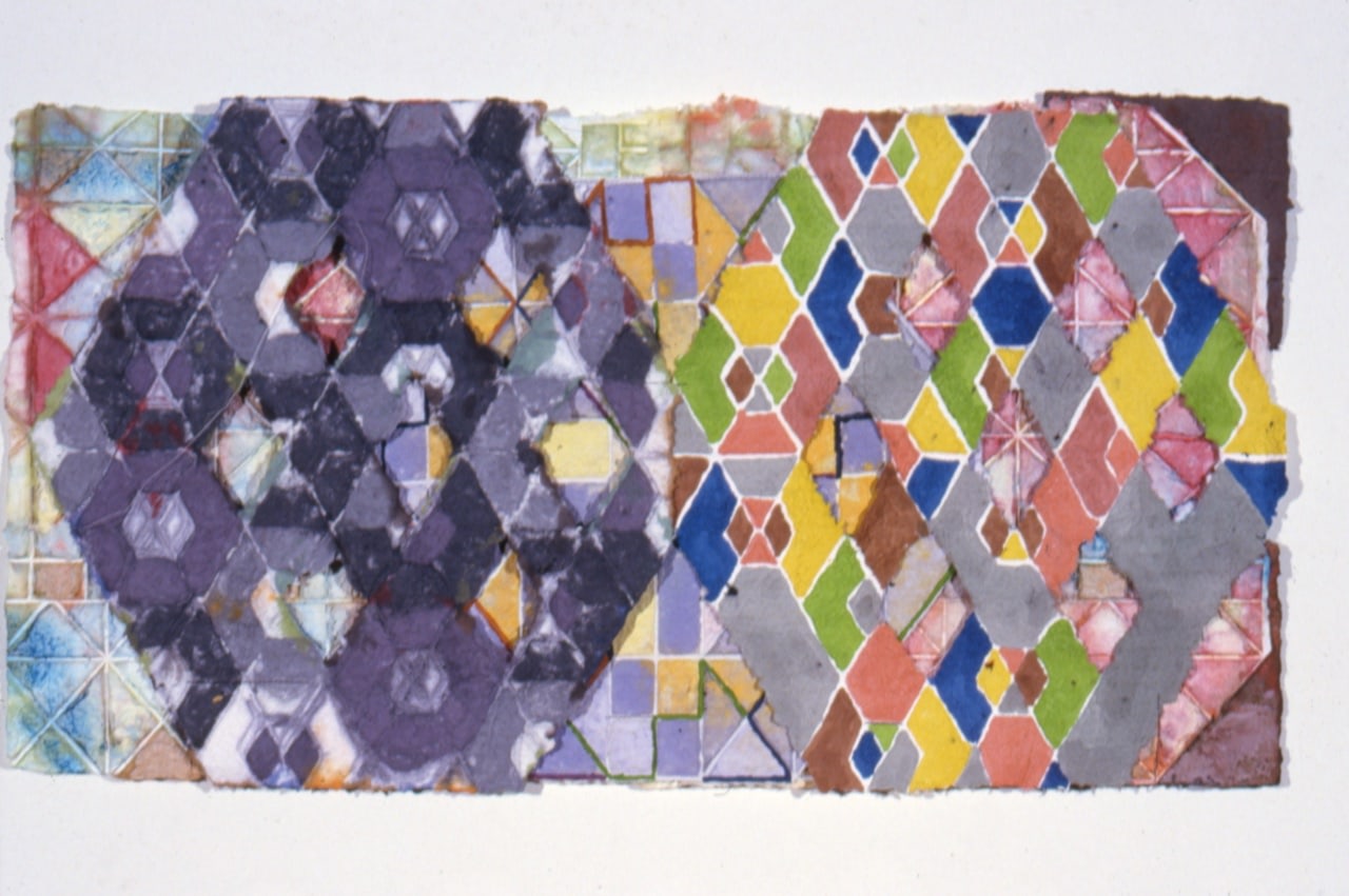 Alan Shields &quot;Top Knob&quot; 1986-87 Watercolor, thread, relief on handmade paper 18 1/4&quot; x 34 3/4&quot;