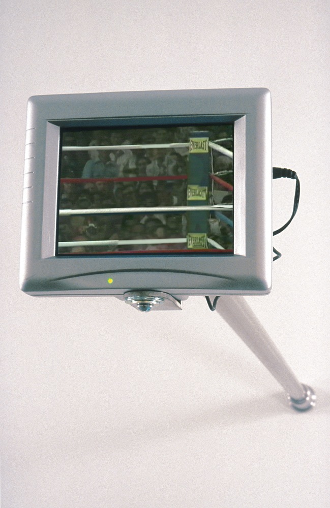 Paul Pfeiffer The Long Count (Thrilla in Manila), 2001 digital video loop with sound, LCD video monitor, metal armature, DVD player image size: 5 1/4  x 4 1/8 in. (13.3 x 10.5 cm) overall installation dimensions: 5 1/4  x 6 1/8 x 36 in. (13.3 x 15.6 x 91.4 cm) Edition 2 of 6, 1 AP running time: 2:58 looped