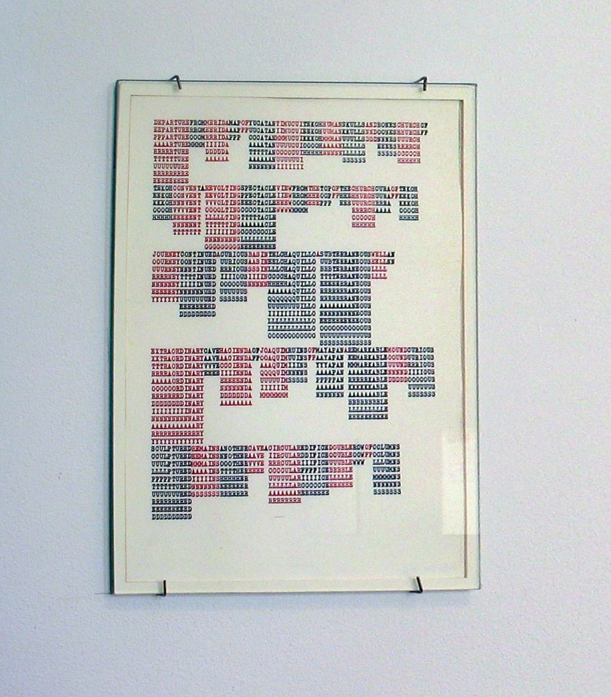 Carl Andre &quot;DEPARTUREFROMMERIDAMAPO FYUCATANTIMUCITEKOHHUMA NSKULLSANDBONESCHURCHO E YUCATAN&quot; 1972 Color photocopy on typewriter paper 11 x 8 in.
