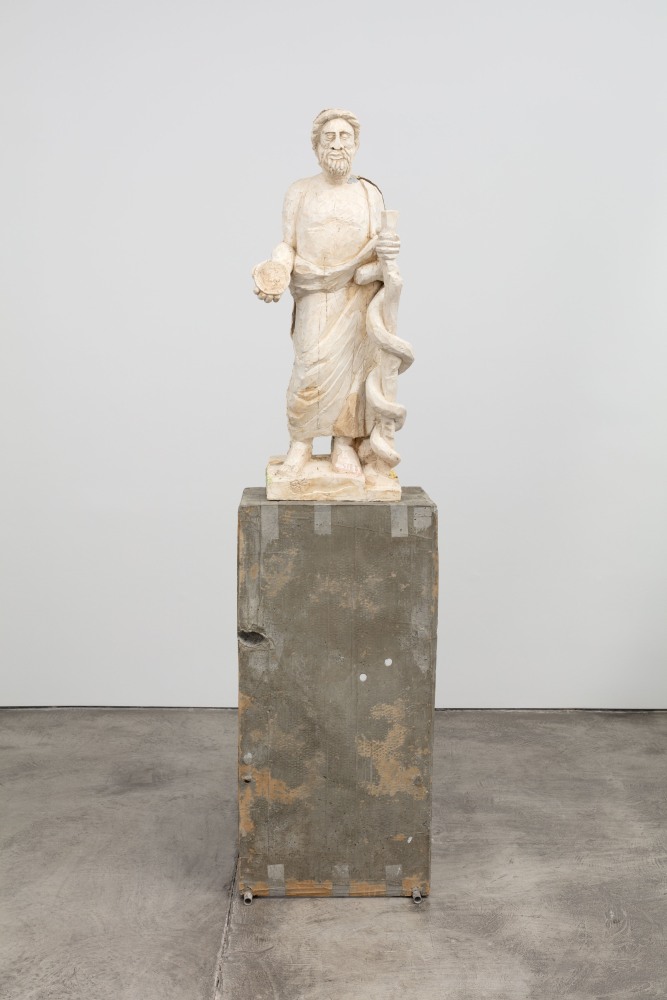 Justin Matherly Untitled (Fear, Anxiety and Joy), 2016 Modified gypsum, spray paint,acrylic paint, concrete, ambulatory equipment, aluminum paowder figure: 42 1/2 x 18 x 12 in. (108 x 45.7 x 30.5 cm); base: 45 1/2 x 22 x 17 1/2 in. (115.6 x 55.9 x 44.5 cm); sculpture: 88 x 40 x 29 1/2 in. (223.5 x 101.6 x 74.9 cm)