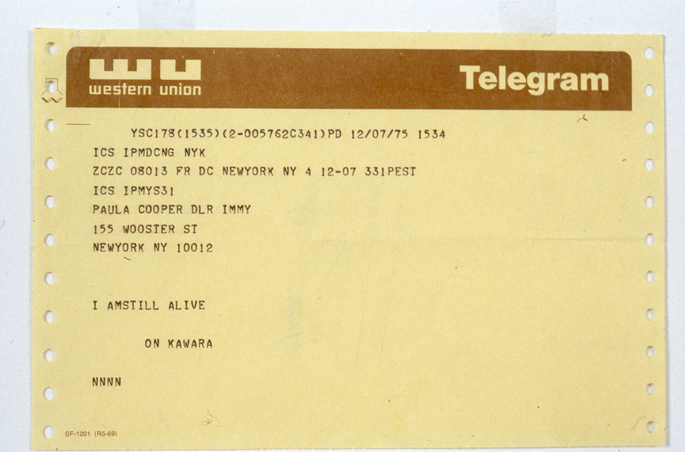 On Kawara &quot;I am still alive&quot; 1975 Western Union telegram 5 1/2&quot; x 8 3/8&quot;