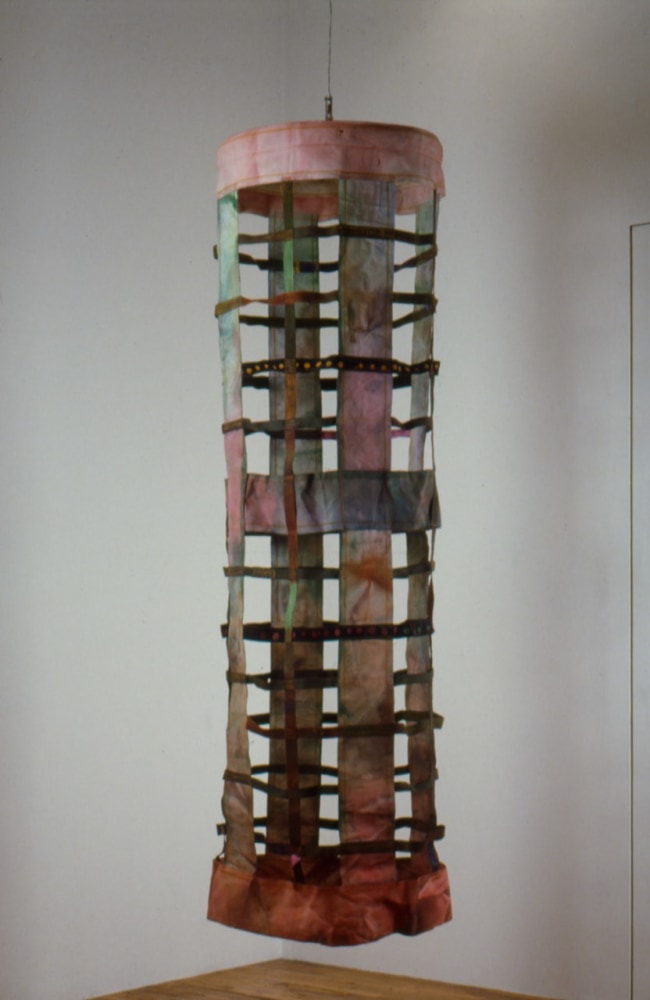 Alan Shields &quot;Top Spin Lob&quot; 1980-82 Acrylic and thread on cotton belting, beads, wire 79&quot; high x 23 1/2&quot; diameter