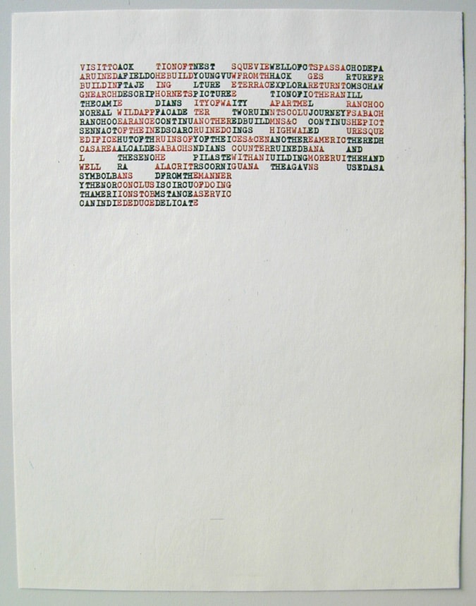 Carl Andre &quot;VISITTOACK TIONOFTNEST SQUEVIEWELLOFCTSPASSACH ODEPA YUCATAN&quot; 1972 Color photocopy on typewriter paper 11 x 8 in.