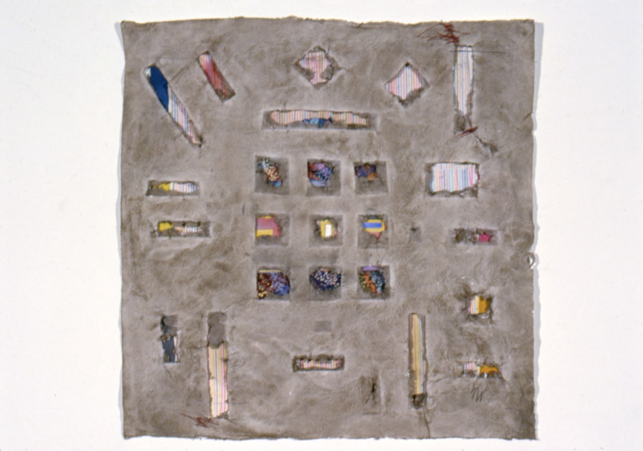 Alan Shields &quot;Down Right, Up Right&quot; 1984-87 Watercolor, colored pencil, block printing, thread, relief on handmade paper 23 1/2&quot; x 23 1/2&quot;