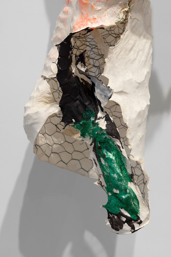 Vested Spirit, (detail), 2015 handmade paper over chicken wire, coal tempera, acrylic medium, gold sparkles, sparkles 36 1/2 x 16 x 11 in. (92.7 x 40.6 x 27.9 cm)