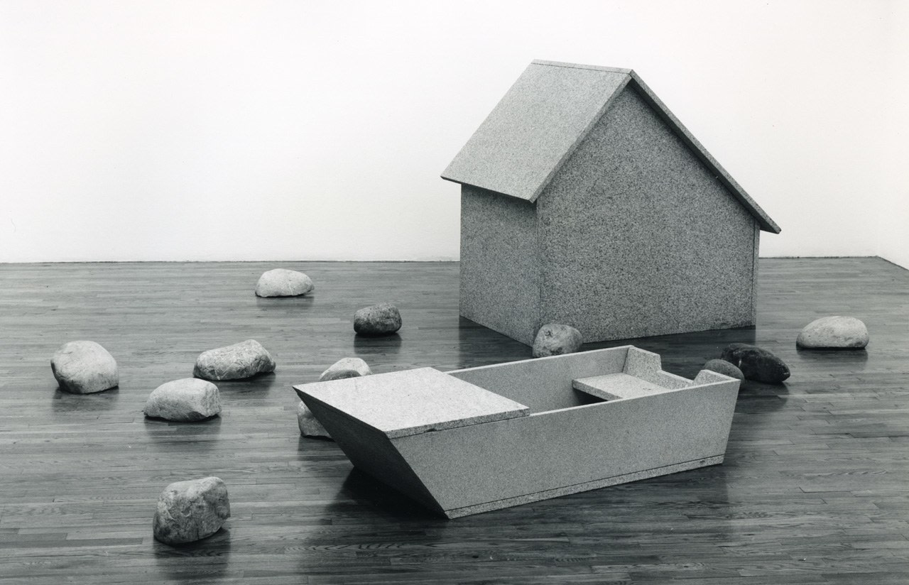 Jennifer Bartlett &quot;Stone House&quot; 1985 Stone House: granite 48&quot; x 36&quot; x 50&quot; Stone Boat: granite 14&quot; x 50&quot; x 36&quot; Stone Wall: 15 marble boulders