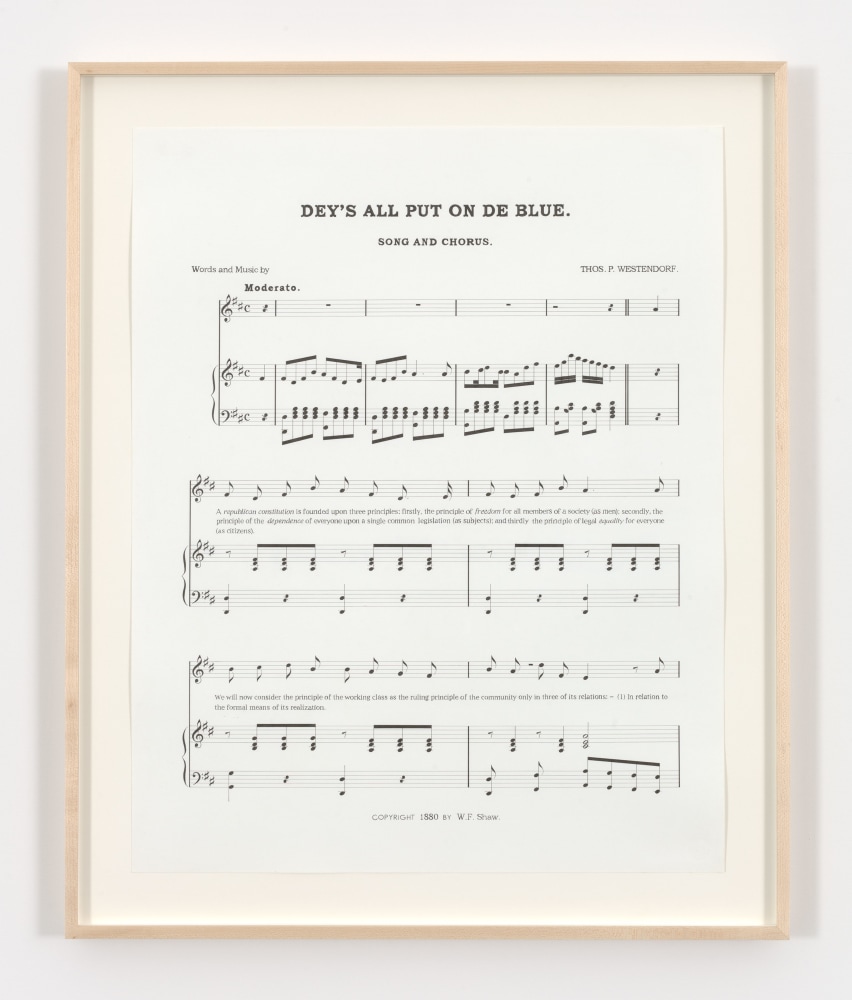 Charles Gaines Notes on Social Justice: Dey's All Put on De Blue, (1880), 2013 ink on 4 sheets of Strathmore Bristol 29 x 23 in. (73.7 x 58.4 cm) frame: 32 x 26 x 1 1/2 in. (81.3 x 66 x 3.8 cm)