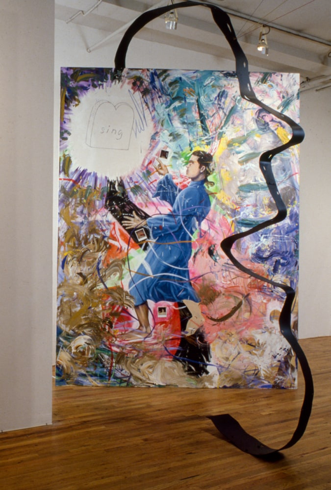 Jonathan Borofsky &quot;2,841,777 Sing&quot; 1978-83 Acrylic, polaroids on canvas, neon light, painted aluminum, stereo cassette player with tape loop 12 x 8 x 6'