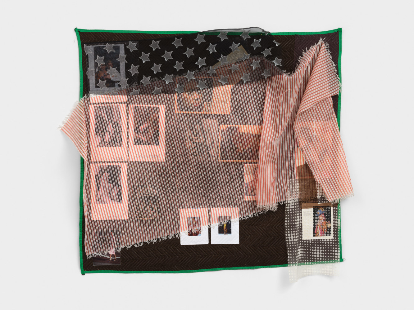 Eric N. Mack "A This-Year Girl", 2025 magazine pages, silk on moving blanket 71 x 79 in. (180.3 x 200.7 cm)