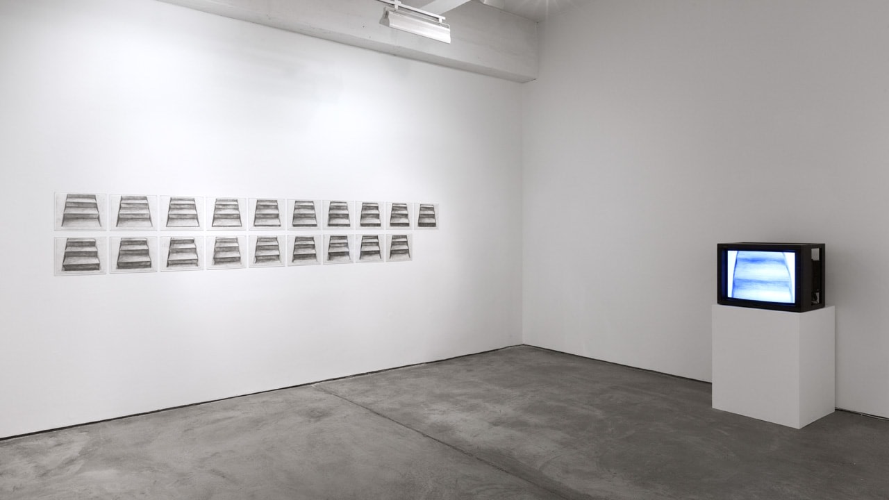 Jonathan Borofsky &quot;Giraffe/Escalator Video Animation Installation&quot; 1995 60 pencil animation drawings on paper, laser disc, laser disc player, monitor Dimensions site specific