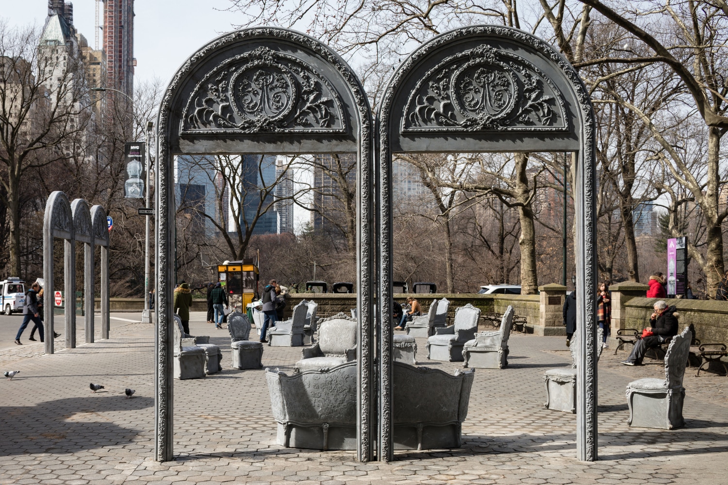 Liz Glynn Open House, (detail), 2016 cast concrete, 26 objects: 5 arches, 8 armchairs, 4 ottomans, 6 side chairs, and 3 settees dimension variable Doris F. Freedman Plaza, Central Park, New York, NY Photo: James Ewing, Courtesy of Public Art Fund, NY
