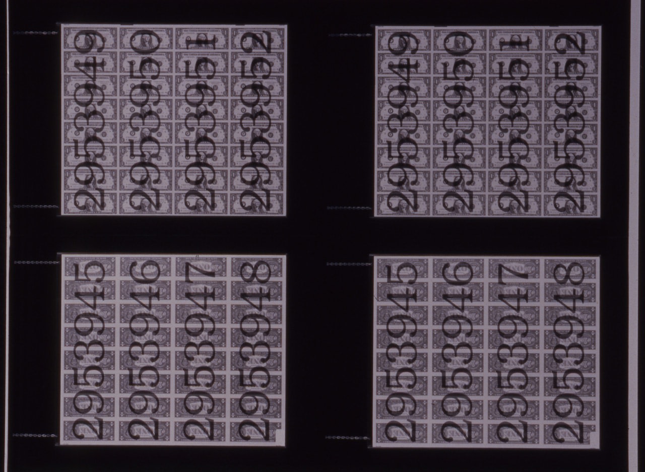 Jonathan Borofsky &quot;Numbered Money&quot; 1986 A sheet of U.S. currency encased between two sheets of plexiglass, green ink 25 1/2&quot; x 21 1/2&quot;
