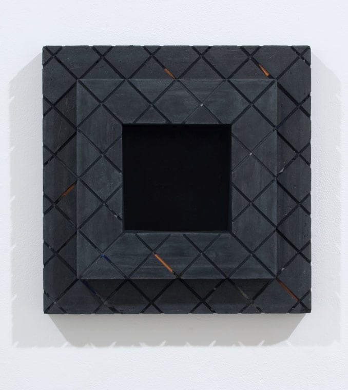 Jackie Winsor "Inset Wall Piece (mixed color cut 2" diagonal grid)" 2001-2002 stainless steel black concrete 161/2 X 16 1/2 X 7 in.  inset in wall 4" deep