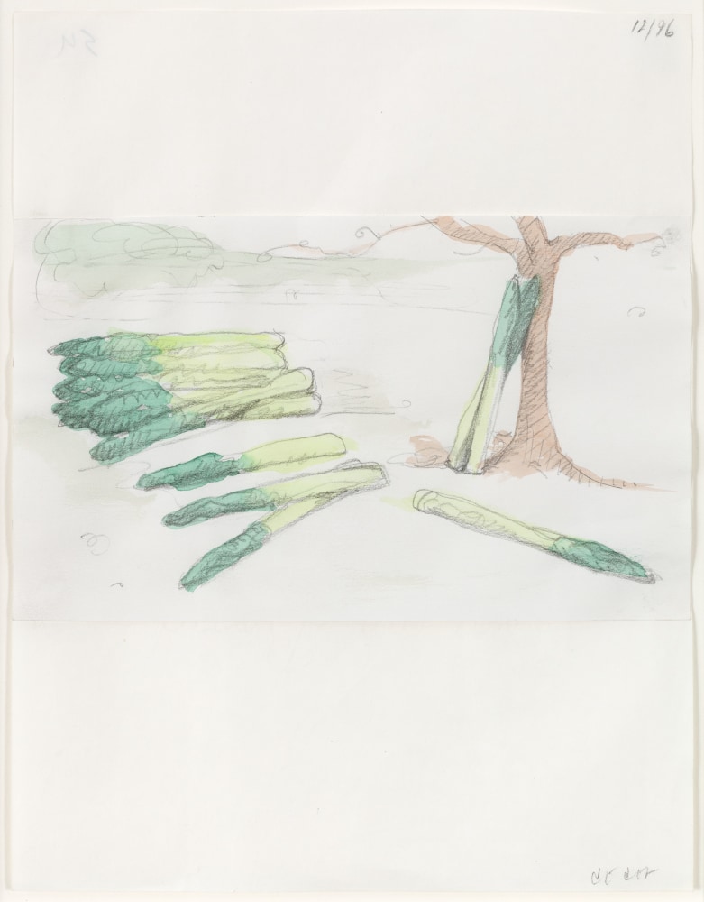 Claes Oldenburg &amp; Coosje van Bruggen Notebook Page: Giant Asparagus in Landscape, 1996 pencil and watercolor 5 1/16 x 8 1/2 in. (12.9 x 21.6 cm) sheet: 11 x 8 1/2 in. (27.9 x 21.6 cm)