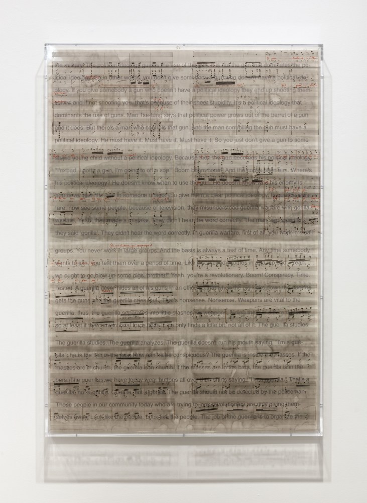 Charles Gaines Librettos: Manuel de Falla/Stokely Carmichael, #18, 2016 Printed ink stained paper and lightjet on acrylic 66 x 47 x 3 1/2 in. (167.6 x 119.4 x 8.9 cm)