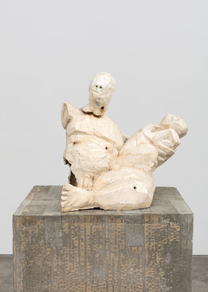 Justin Matherly Untitled (Fear, Anxiety and Joy), 2016 Modified gypsum, spray paint, epoxy, concrete, ambulatory equipment, cigarettes figure: 15 x 16 x 13 in. (38.1 x 40.6 x 33 cm); base: 39 1/4 x 19 1/4 x 16 1/2 in. (99.7 x 48.9 x 41.9 cm); sculpture: 54 1/2 x 55 1/4 x 29 1/2 in. (138.4 x 140.3 x 74.9 cm)