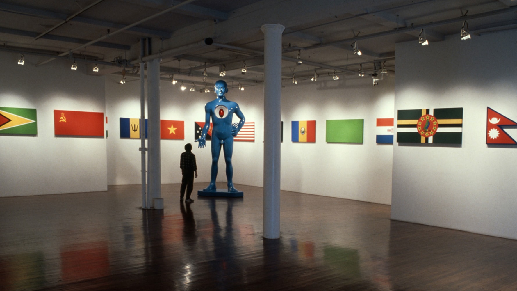 Installation view, Flags of the World, Paula Cooper Gallery, 155 Wooster Street, New York, April 2 -30, 1988. © Jonathan Borofsky. Courtesy Paula Cooper Gallery, New York. Photo: D. James Dee.
