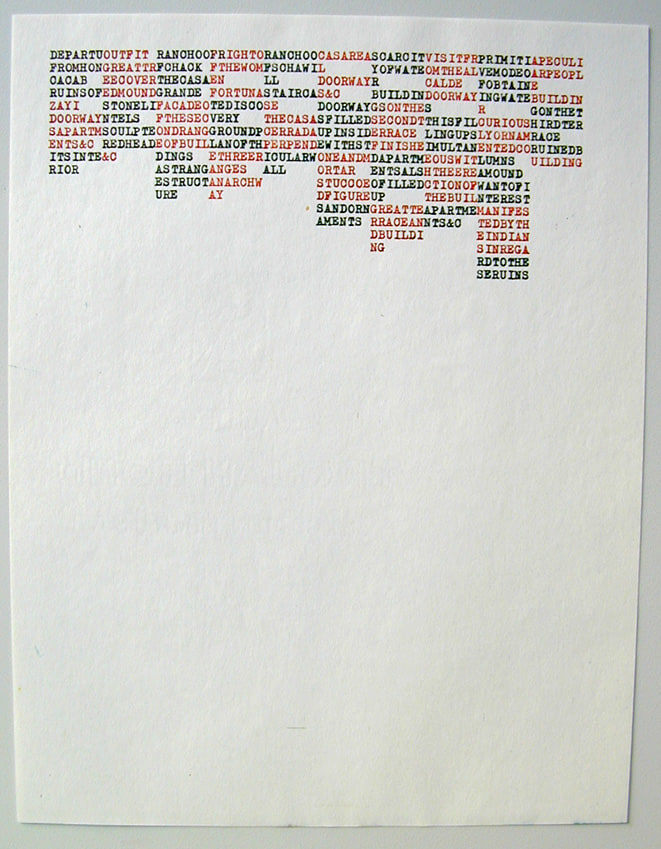 Carl Andre &quot;DEPARTUOUTFIT RANCHOOFRIGHTORANCHOOC ASAREASCARCITUISITFRPRIMIT IAPECULI YUCATAN&quot; 1972 Color photocopy on typewriter paper 11 x 8 in.