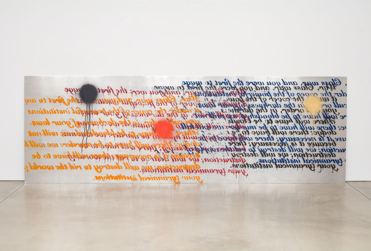 Sam Durant Dark Institutions, 2009 spray enamel on 3 aluminum panels overall: 48 x 144 x 1/8 in. (121.9 x 365.8 x .3 cm) each: 48 x 48 x 1/8 in. (121.9 x 121.9 x .3 cm)