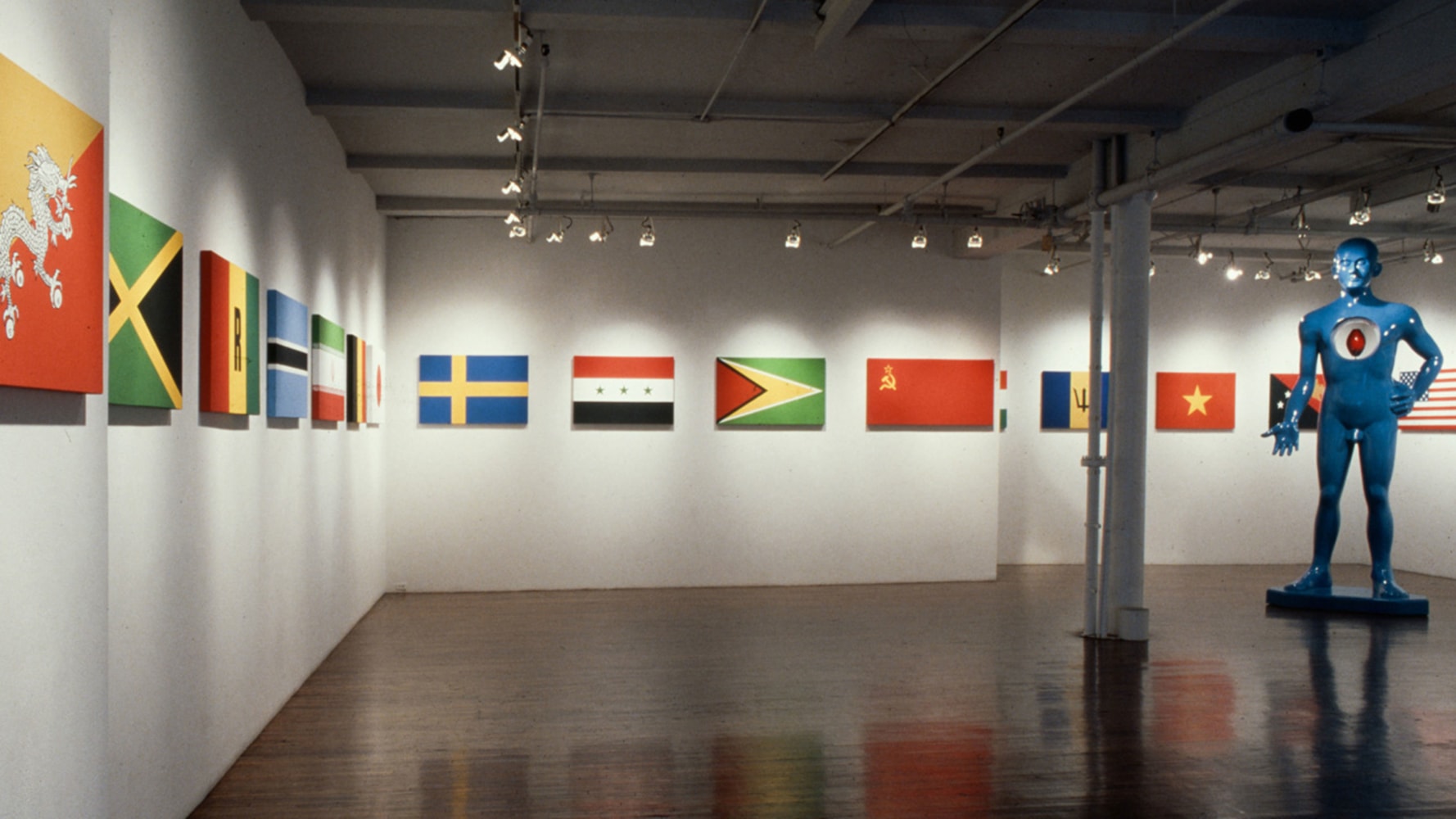 Installation view, Flags of the World, Paula Cooper Gallery, 155 Wooster Street, New York, April 2 -30, 1988. © Jonathan Borofsky. Courtesy Paula Cooper Gallery, New York. Photo: D. James Dee.